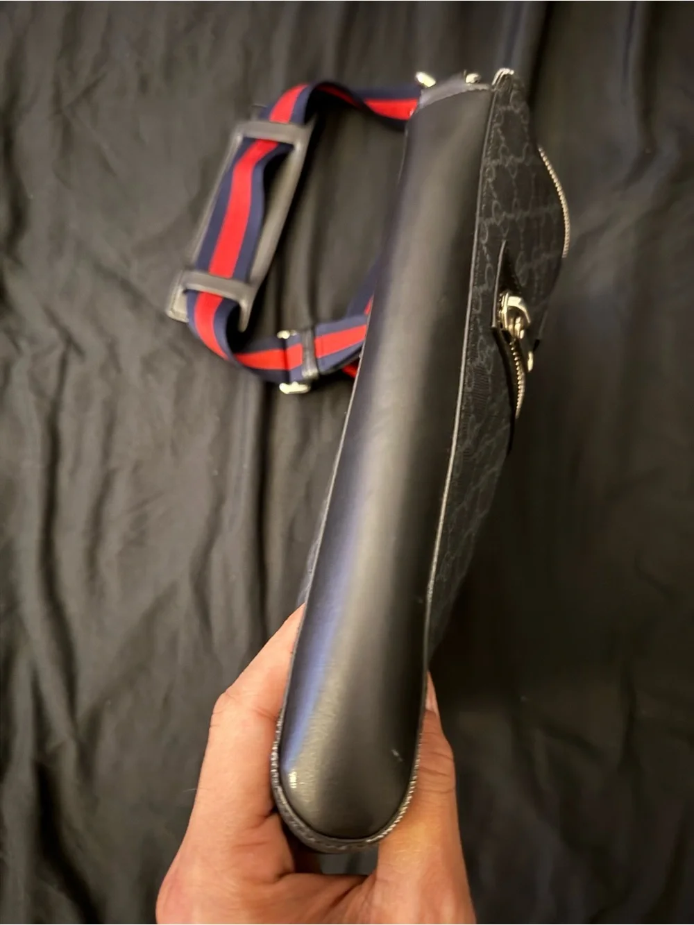 Gucci Black/Gray Monogram Messenger Bag with Red-Blue Web Strap